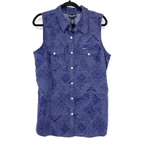 Wrangler Retro Snap Front Sleeveless Shirt Womens Sz XL Blue White Western Print - Picture 1 of 5